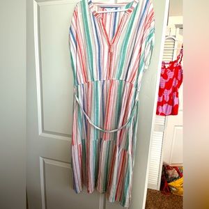 Time and Tru Women's Midi Linen Striped Dress w/ Belt